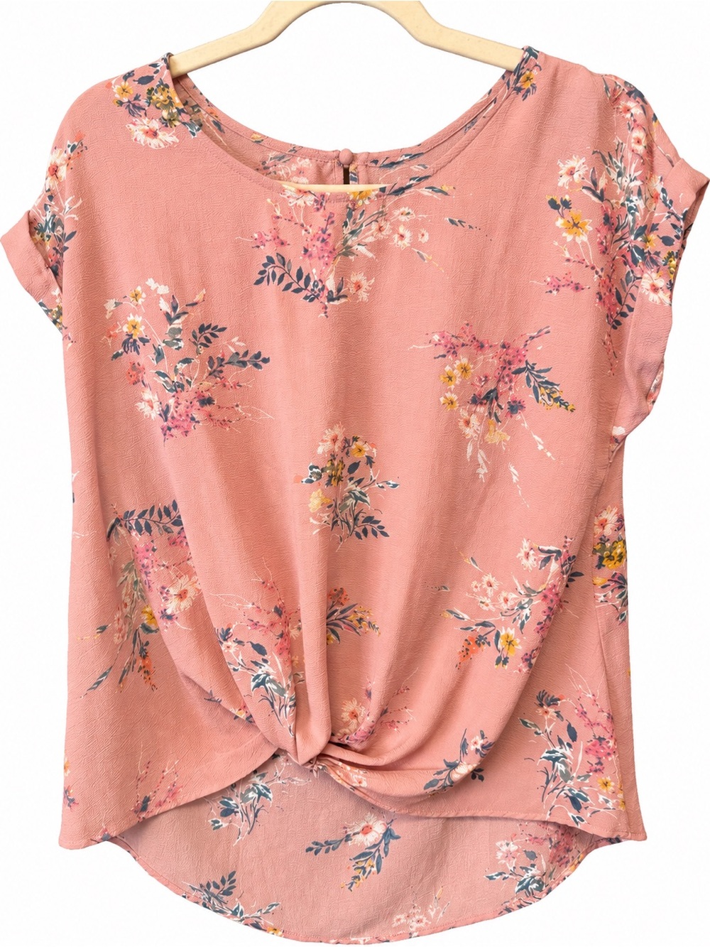Pink Rose Floral Twist Front Blouse Size L Dusty Rose Boho Cottagecore Top